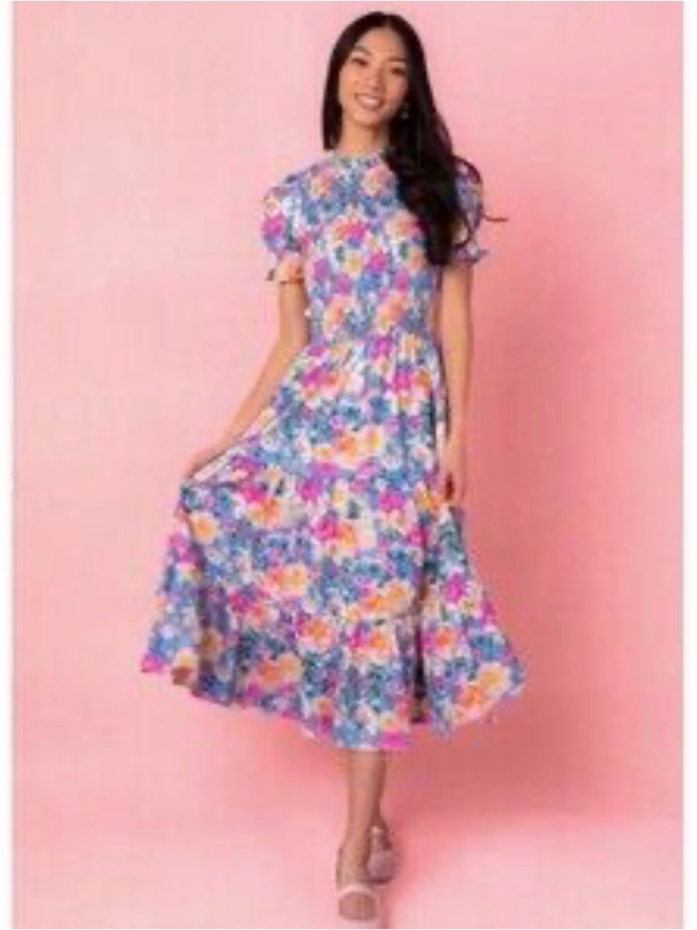 Ivy City Co Blue Floral Puff-Sleeve Midi Dress with Pink & Yellow Accents